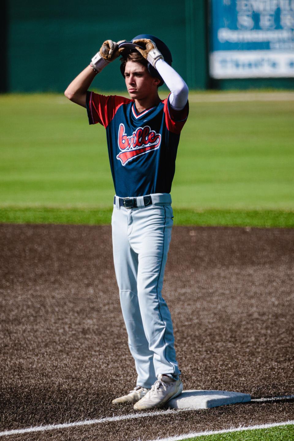 Bartlesville Doenges Ford Indians' veteran Luke Fox rests at first base while the Generals switch pitches in the fourth inning after allowing three runs and three walks during Oklahoma College League action last week at Rigdon Field in Doenges Stadium.