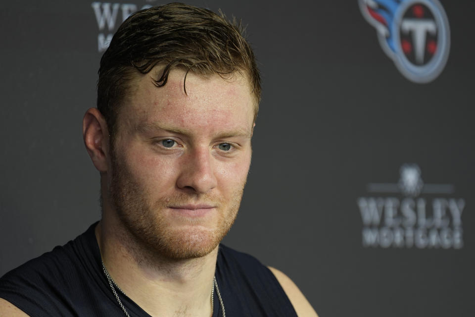 Tennessee Titans quarterback Will Levis responds to questions from reporters following a rookie minicamp at the NFL football team's training facility, Saturday, May 13, 2023, in Nashville, Tenn. (AP Photo/George Walker IV)