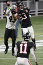 Atlanta Falcons wide receiver Russell Gage (83) makes the catch against New Orleans Saints free safety Marcus Williams (43) during the second half of an NFL football game, Sunday, Dec. 6, 2020, in Atlanta. (AP Photo/Brynn Anderson)