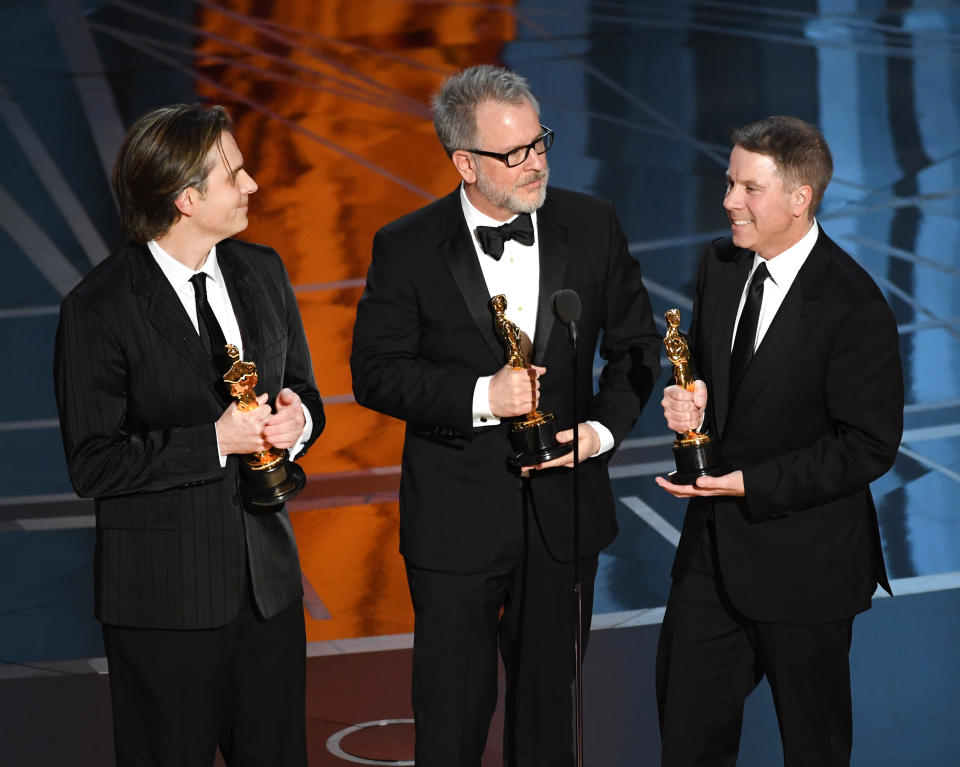 Co-directors Byron Howard and Rich Moore and producer Clark Spencer accept Best Animated Feature Film for "Zootopia" onstage during the 89th Annual Academy Awards at Hollywood &amp; Highland Center on Feb. 26, 2017 in Hollywood, California.&nbsp;