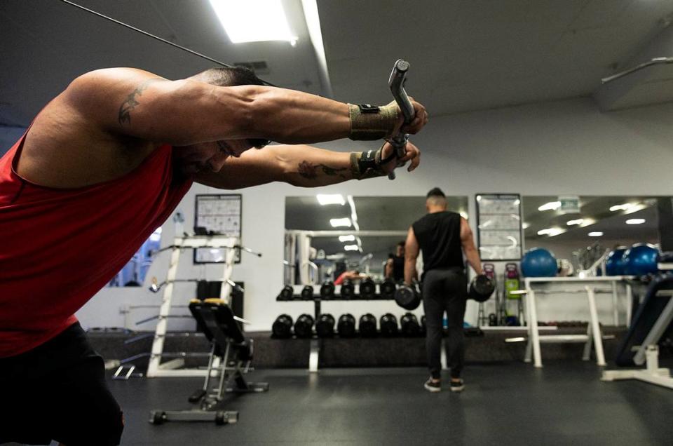 Mario Dorantes and Omar Herrera lift weights at Future Fitness on Monday, May 4, 2020 in Yuba City during the coronavirus pandemic. Restaurants, hair salons and gyms in Yuba and Sutter counties reopened ahead of the governor’s permission to do so.