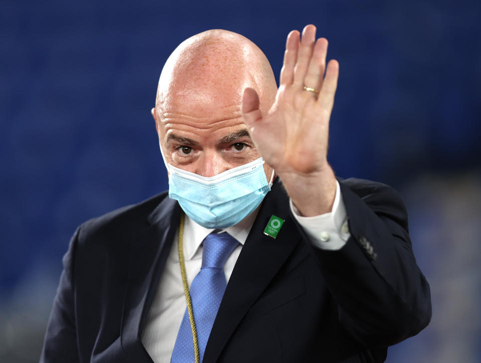 YOKOHAMA, JAPAN - AUGUST 06: Gianni Infantino, President of FIFA is seen wearing a face mask during the Women's Football Competition Medal Ceremony on day fourteen of the Tokyo 2020 Olympic Games at International Stadium Yokohama on August 06, 2021 in Yokohama, Kanagawa, Japan. (Photo by Naomi Baker/Getty Images)