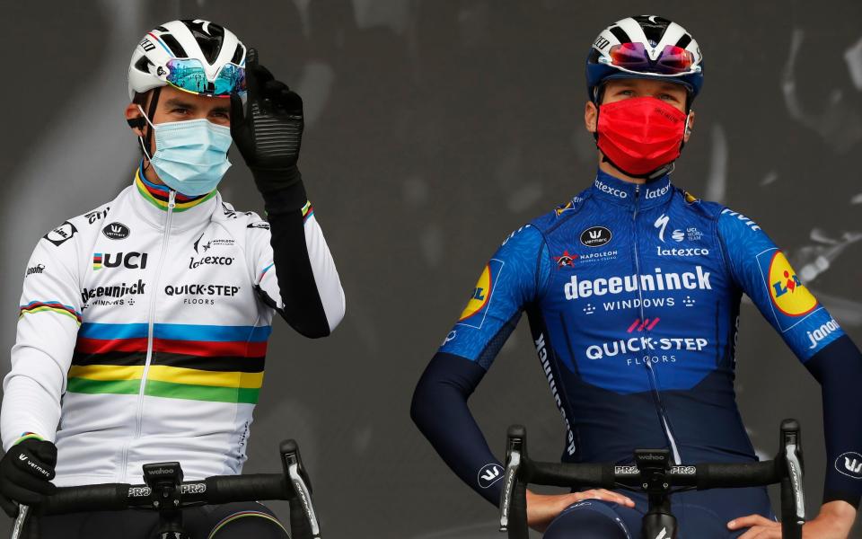 Julian Alaphilippe and Deceuninck-Quick Step team-mate Mauri Vansevenant at the sign-on on Sunday morning - GETTY IMAGES