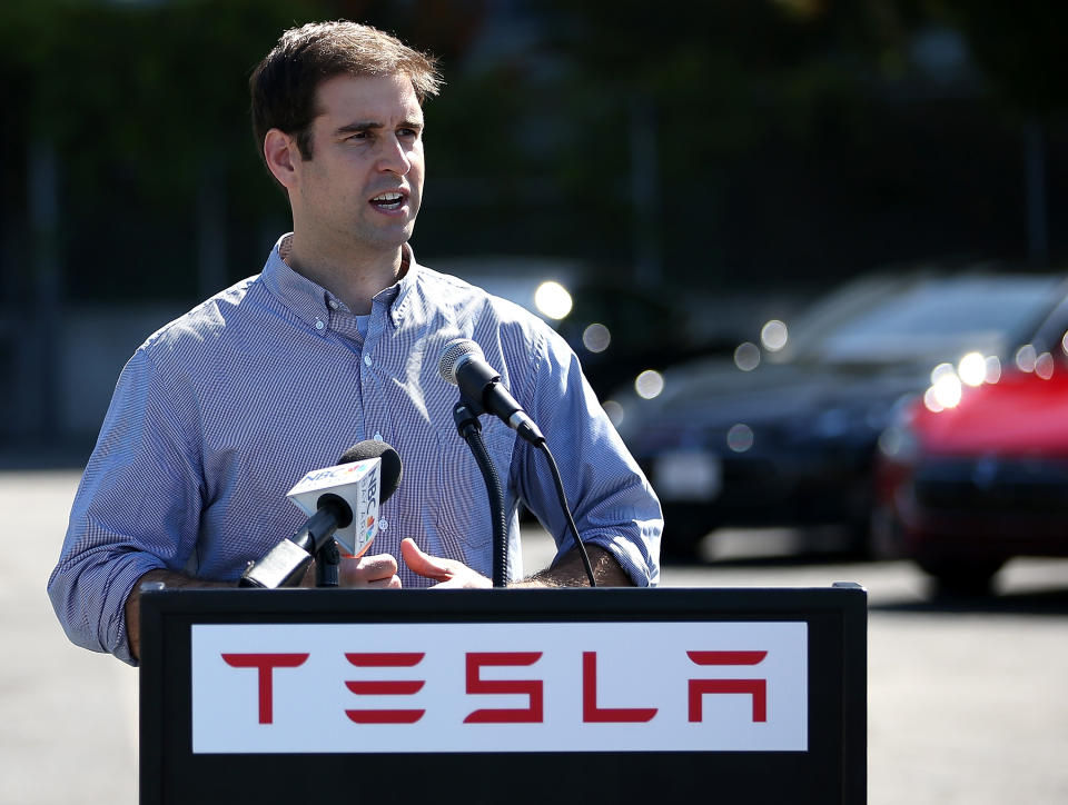 FREMONT, CA - AUGUST 16:  JB Straubel, Tesla Motors chief technical officer, speaks during a ribbon cutting for a new Supercharger station outside of the Tesla Factory on August 16, 2013 in Fremont, California. Tesla Motors opened a new Supercharger station with four stalls for public use at their factory in Fremont, California. The Superchargers allow owners of the Tesla Model S to charge their vehicles in 20 to 30 minutes for free. There are now 18 charging stations in the U.S. with plans to open more in the near future.  (Photo by Justin Sullivan/Getty Images)