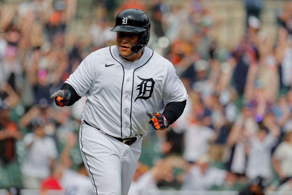 Detroit Tigers designated hitter Miguel Cabrera (24) hits an RBI single against the San Francisco Giants in the 11th inning at Comerica Park in Detroit on Saturday, April 15, 2023.