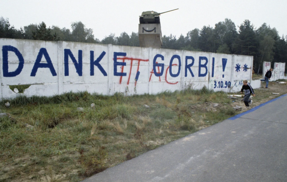 Thank you, Gorby", written on a concrete wall in Berlin, 1990 <span class="copyright">Wikipedia</span>