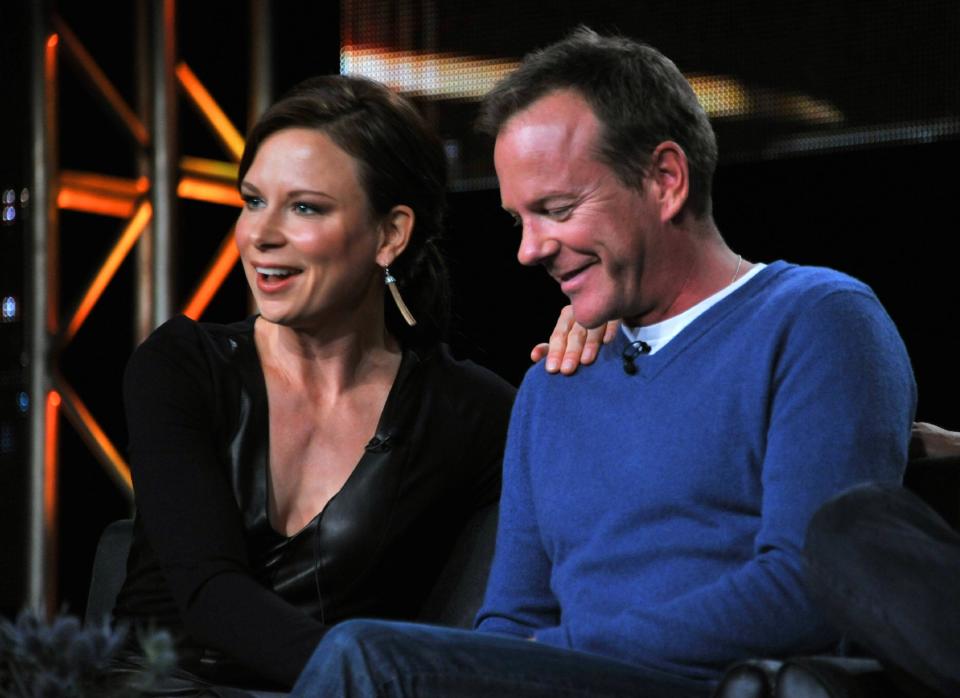 Mary Lynn Rajskub, left, and Kiefer Sutherland take part on the panel for "24: Live Another Day" at the FOX Winter 2014 TCA, on Monday, Jan. 13, 2014, at the Langham Hotel in Pasadena, Calif. (Photo by Richard Shotwell/Invision/AP)