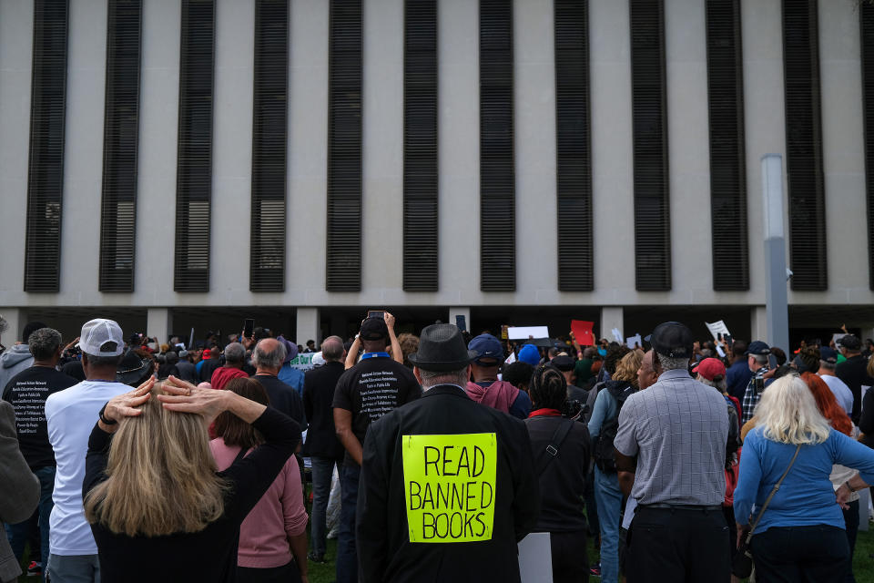 Demonstrators protest Florida Governor Ron DeSantis plan to eliminate Advanced Placement courses on African American studies in high schools outside the Florida State Capitol in Tallahassee, Fla., on Feb. 15, 2023.<span class="copyright">Joshua Lott—The Washington Post/Getty Images</span>