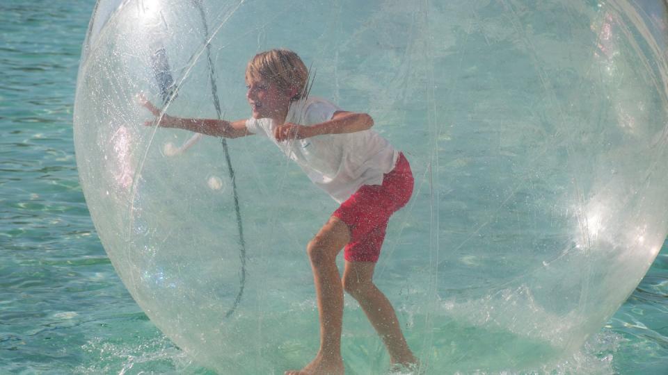 young boy in a water zorb