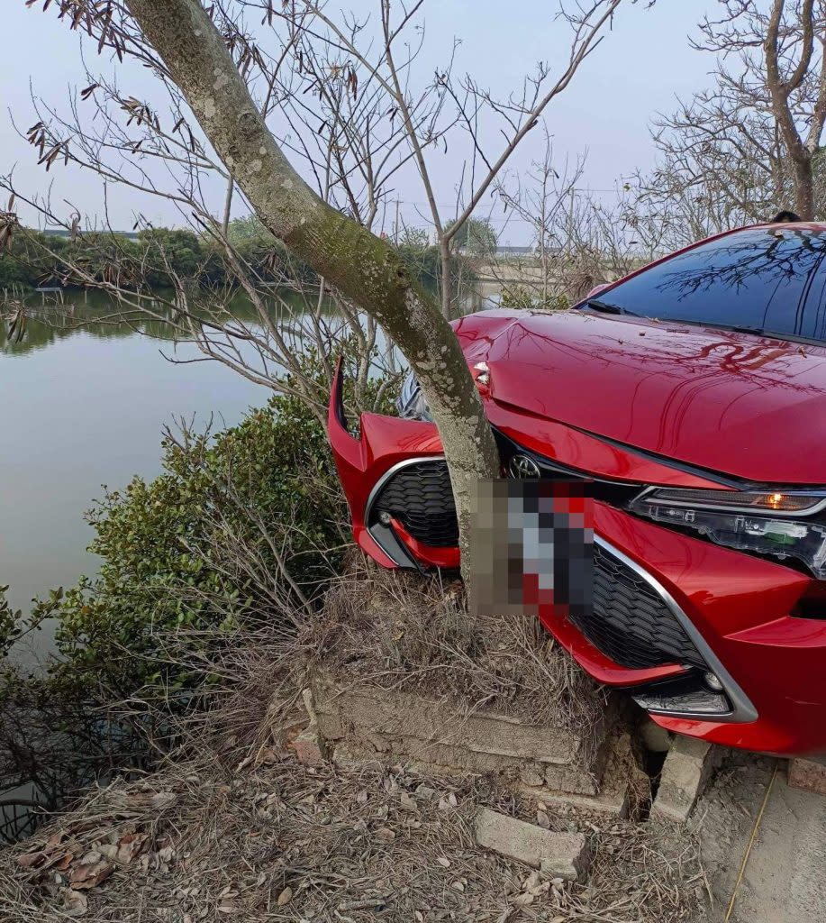 民眾駕駛的車子撞上路樹，車頭全毀。(記者盧萍珊攝)