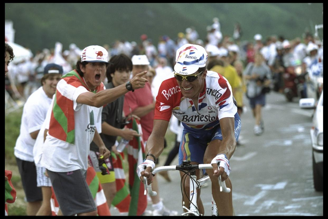 16 Jul 1996:  Miguel Indurain of Spain starts to feel the pressure of the climb up to Col D''Aubisque as his fans in his home land try to urge him on during stage 16 of the Tour De France from        Agen Lourdes to Hautacam.Mandatory Credit: Mike Powell/Allsport UK