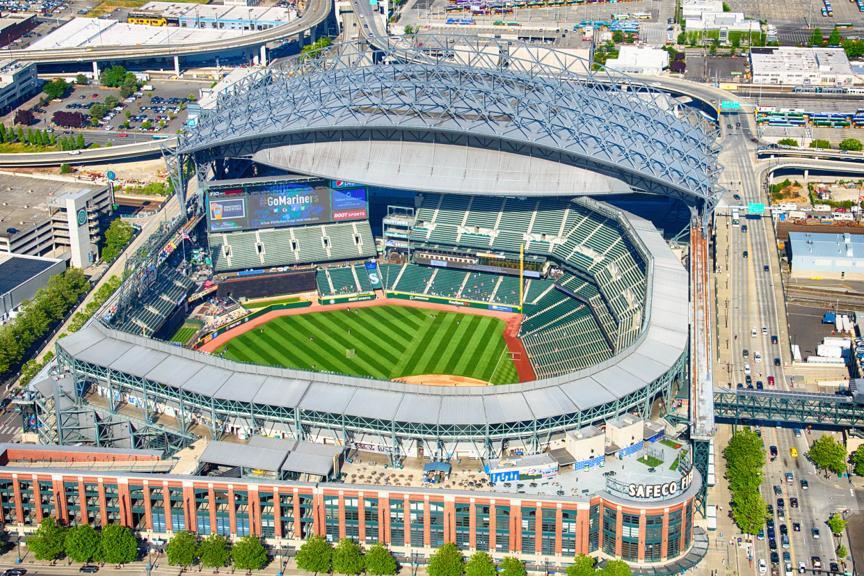 Aerial of mostly empty of T-Mobile Park, Seattle, home of the Seattle Mariners with surrounding roads