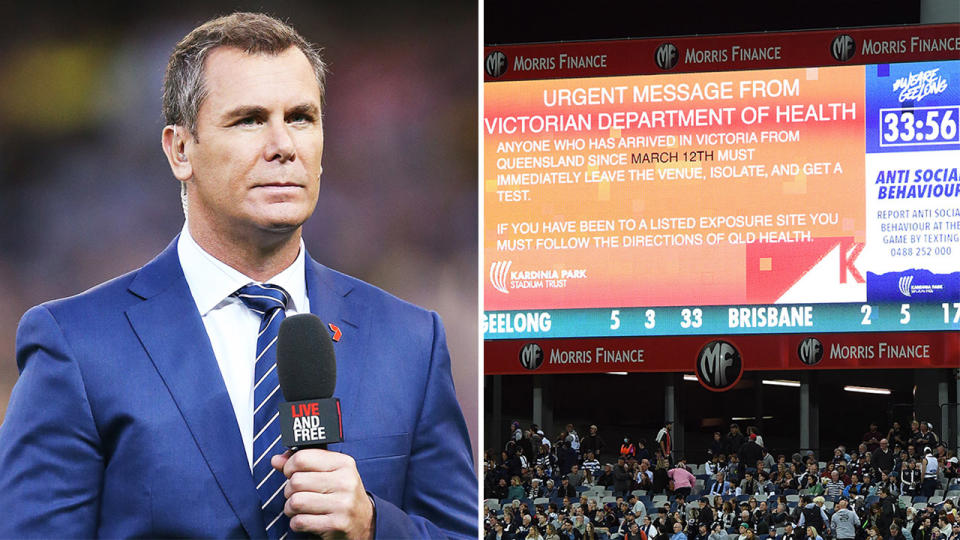 AFL great turned commentator Wayne Carey (pictured left) before a match and a Covid-19 alert (pictured right) during the Geelong and Brisbane Lions clash.