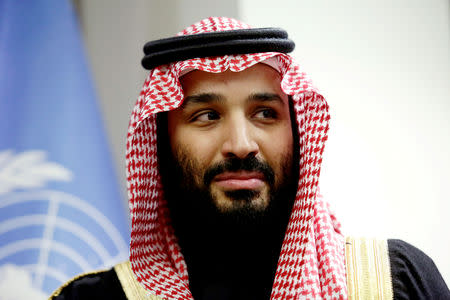 FILE PHOTO: Saudi Arabia's Crown Prince Mohammed bin Salman Al Saud is seen during a meeting with U.N Secretary-General Antonio Guterres at the United Nations headquarters in the Manhattan borough of New York City, New York, U.S. March 27, 2018. REUTERS/Amir Levy/File Photo