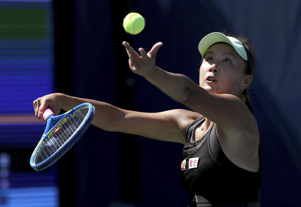 FILE - Peng Shuai, of China, serves to Maria Sakkari, of Greece, during the second round of the US Open tennis championships Thursday, Aug. 29, 2019, in New York. (AP Photo/Eduardo Munoz Alvarez, File)