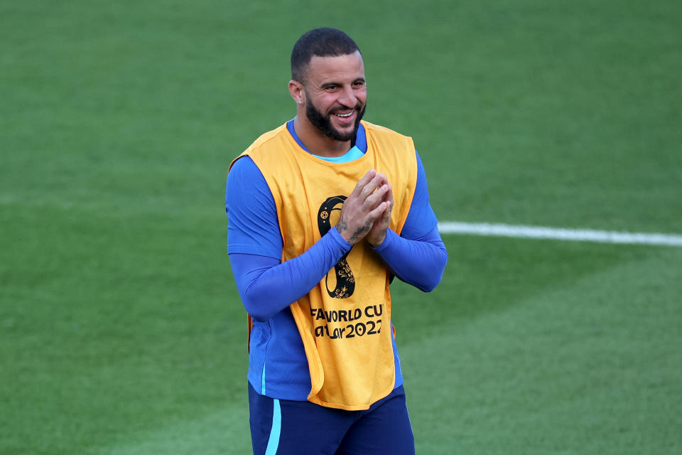 DOHA, QATAR - DECEMBER 09: Kyle Walker of England reacts during a training session at Al Wakrah Stadium on December 09, 2022 in Doha, Qatar. (Photo by Eddie Keogh - The FA/The FA via Getty Images)