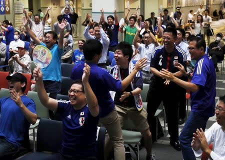 Japan's soccer fans react after an own goal by England during their FIFA Women's World Cup semi-final soccer match, at a public viewing event in Tokyo, Japan, July 2, 2015. REUTERS/Yuya Shino