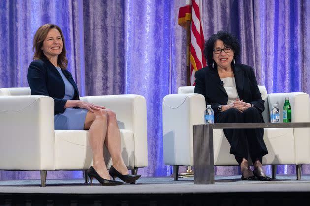 Supreme Court Justices Amy Coney Barrett and Sonia Sotomayor participate in a discussion on Feb. 23 on how to 