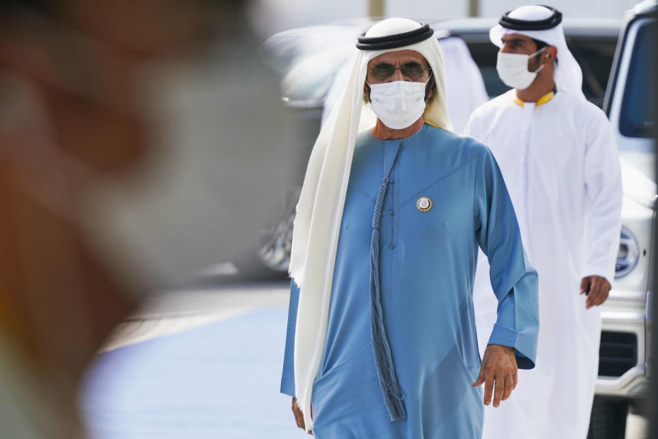 Dubai ruler Sheikh Mohammed bin Rashid Al Maktoum arrives at Abu Dhabi Sustainability Week at Dubai Expo 2020 in Dubai, United Arab Emirates, Monday, Jan. 17, 2022. (AP Photo/Jon Gambrell)