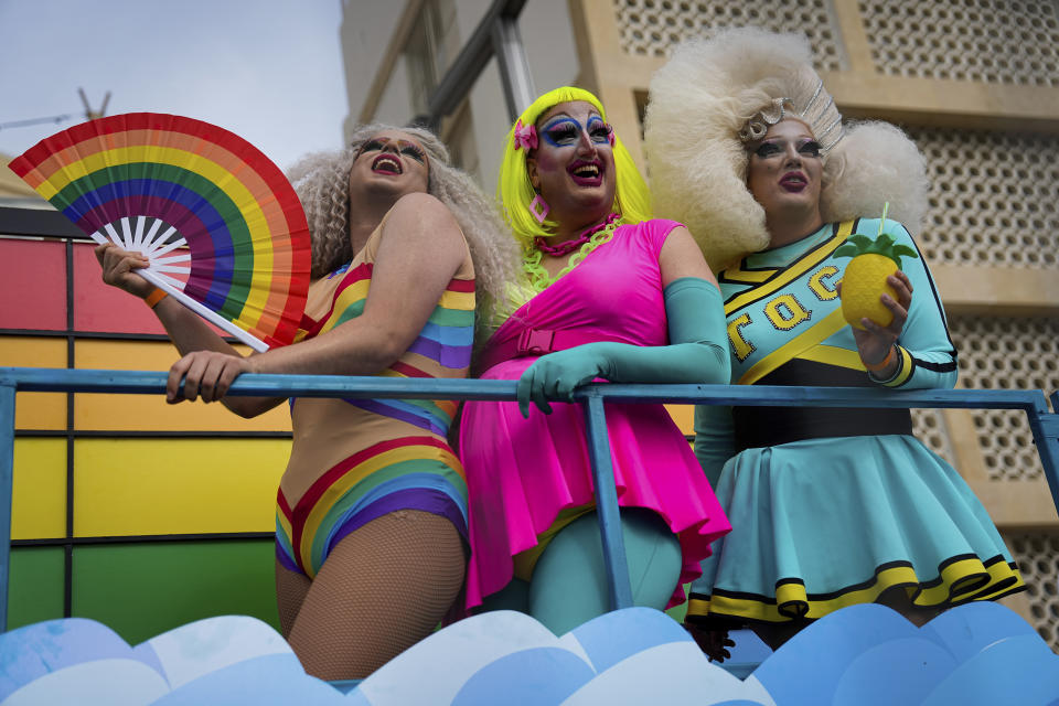 Drag queens perform during the annual Pride Parade in Tel Aviv, Israel, Thursday, June 8, 2023. (AP Photo/Ariel Schalit)