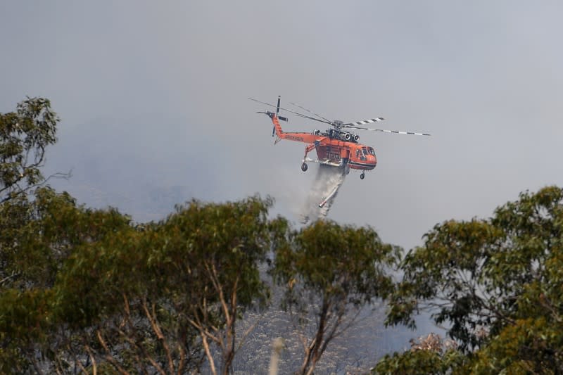 An Erickson Air Crane is seen fighting a bushfire burning in bushland at Penrose