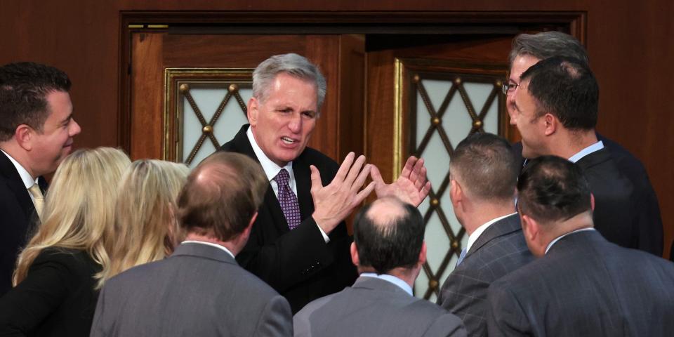 House Republican Leader Kevin McCarthy speakers with members-elect in the House Chamber on Wednesday.