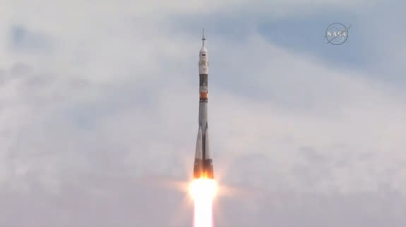 A Russian Soyuz rocket launches into space from Baikonur Cosmodrome in Kazakhstan on Sept. 2, 2015 to ferry three new crewmembers to the International Space Station. The Soyuz launched space travelers from Russia, Denmark and Kazakhstan during