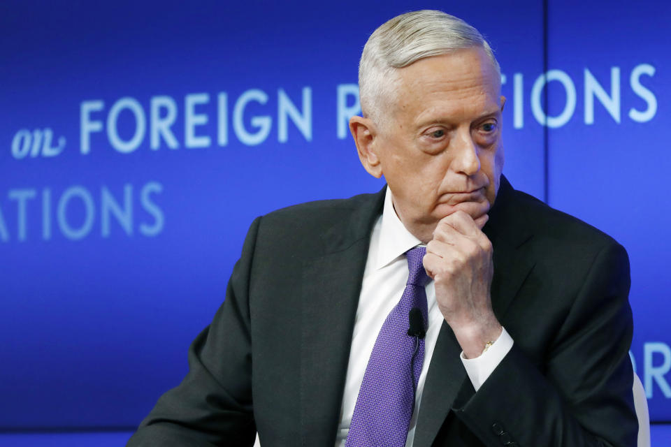 FILE - In this Sept. 3, 2019, file photo former U.S. Secretary of Defense Jim Mattis listens to a question during his appearance at the Council on Foreign Relations in New York. Mattis issued a statement Wednesday, June 3, 2020, on the recent protests around the United States. (AP Photo/Richard Drew, File)