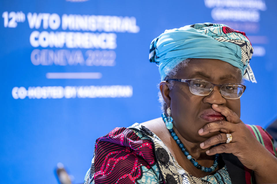 Nigeria's Ngozi Okonjo-Iweala, director general of the World Trade Organization (WTO) speaks at a press conference after the closing of the 12th Ministerial Conference (MC12) at the headquarters of WTO in Geneva, Switzerland, Friday, June 17, 2022. (Martial Trezzini/Keystone via AP)