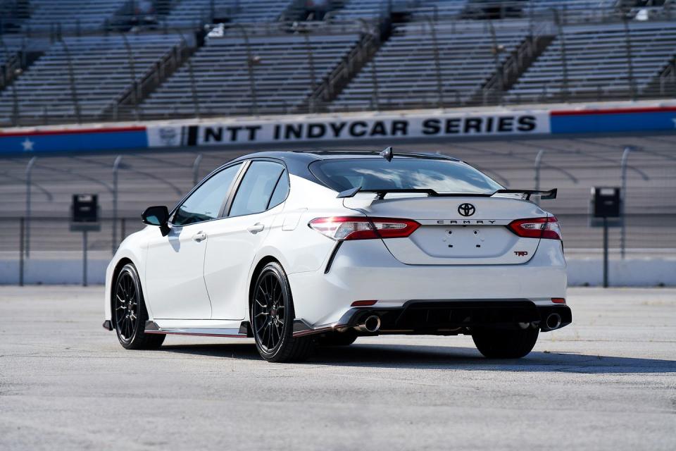 <p>The TRD sits 0.6 inch lower than the Camry V-6 XSE on revised dampers and stiffer springs and anti-roll bars, which greatly improves body control in corners. </p>