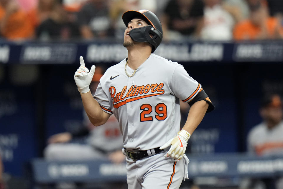 Baltimore Orioles' Ramon Urias reacts after his home run off Tampa Bay Rays starting pitcher Taj Bradley during the third inning of a baseball game Wednesday, June 21, 2023, in St. Petersburg, Fla. (AP Photo/Chris O'Meara)