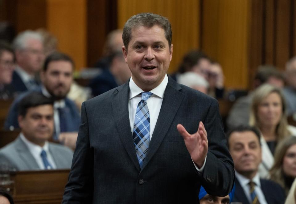 Conservative House leader Andrew Scheer rises during Question Period, Thursday, November 23, 2023 in Ottawa.