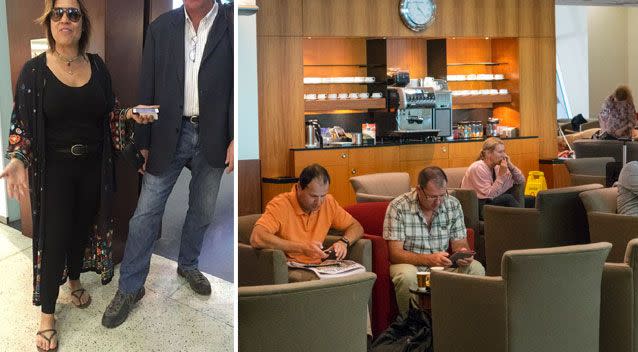 SInger Kate Ceberano was evicted in 2015 and (right) Melbourne Airport's Qantas lounge. Source: Facebook/ Getty Images