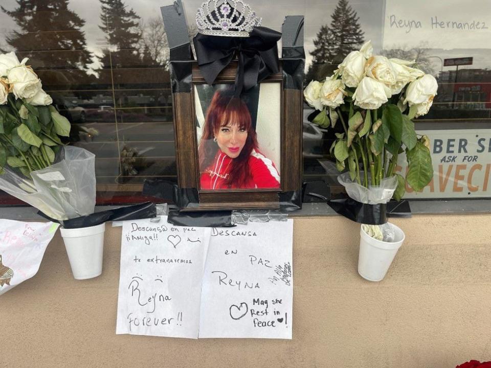 A large makeshift memorial with flowers, photos and messages were seen in front of the Renton salon owned by 54-year-old Reyna Hernandez, whose body was found in Mexicali, Mexico. Hernandez disappeared from a home in South Renton on Feb. 26, 2024.