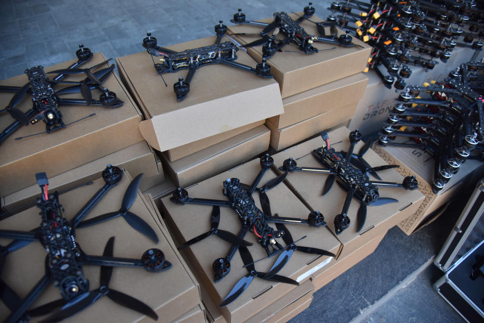 LVIV, UKRAINE - SEPTEMBER 29: A view of drones as volunteers hand over to the Ukrainian military in Lviv, Ukraine on September 29, 2023. Today, volunteers from the 'Birds of Victory' charity initiative handed over three hundred drones to the Ukrainian military. One and a half million hryvnias was given for these drones by the widow of a Ukrainian defender killed by the Russian military. In total, in half a year, volunteers from this initiative transferred more than 1,500 drones to the front line. (Photo by Pavlo Palamarchuk/Anadolu Agency via Getty Images)