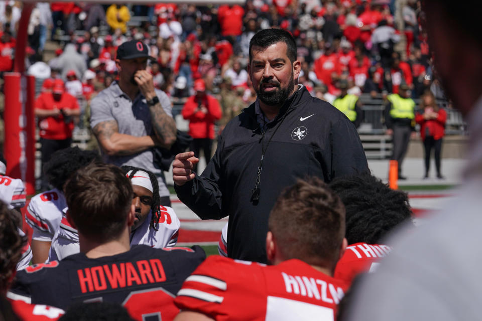 COLUMBUS, OH - APRIL 13: Ohio State Buckeyes head coach Ryan Day addresses his team after the Ohio State Spring Game at Ohio Stadium in Columbus, Ohio on April 13, 2024. (Photo by Jason Mowry/Icon Sportswire via Getty Images)