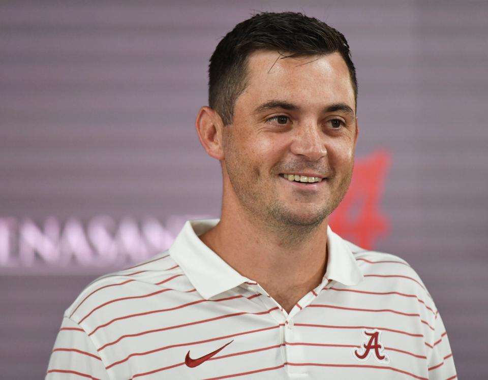 Alabama offensive coordinator Tommy Rees speaks to members of the media Sunday, August 6, 2023.