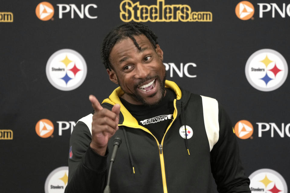 New Pittsburgh Steelers cornerback Patrick Peterson meets with reporters at the NFL football team's practice facility in Pittsburgh, Thursday, March 16, 2023. The Steelers signed the eight-time Pro Bowler to a two-year deal to give their secondary an experienced voice heading into 2023. (AP Photo/Gene J. Puskar)