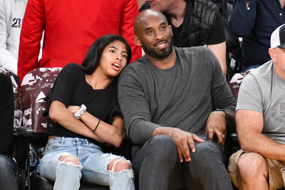 LOS ANGELES, CALIFORNIA - NOVEMBER 17: Kobe Bryant and his daughter Gianna Bryant attend a basketball game between the Los Angeles Lakers and the Atlanta Hawks at Staples Center on November 17, 2019 in Los Angeles, California. (Photo by Allen Berezovsky/Getty Images)