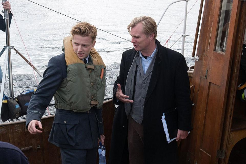 Jack Lowden and Christopher Nolan on the set of 'Dunkirk', 2016