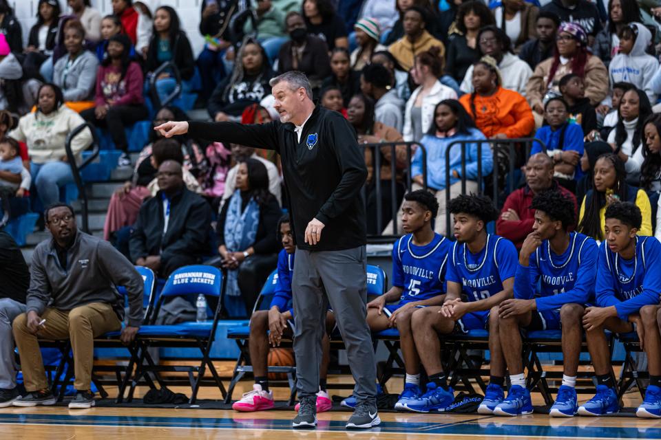 Woodville Tompkins head coach Travis Priddy directs his players from the bench on Friday, January 19, 2024 at Savannah High School.