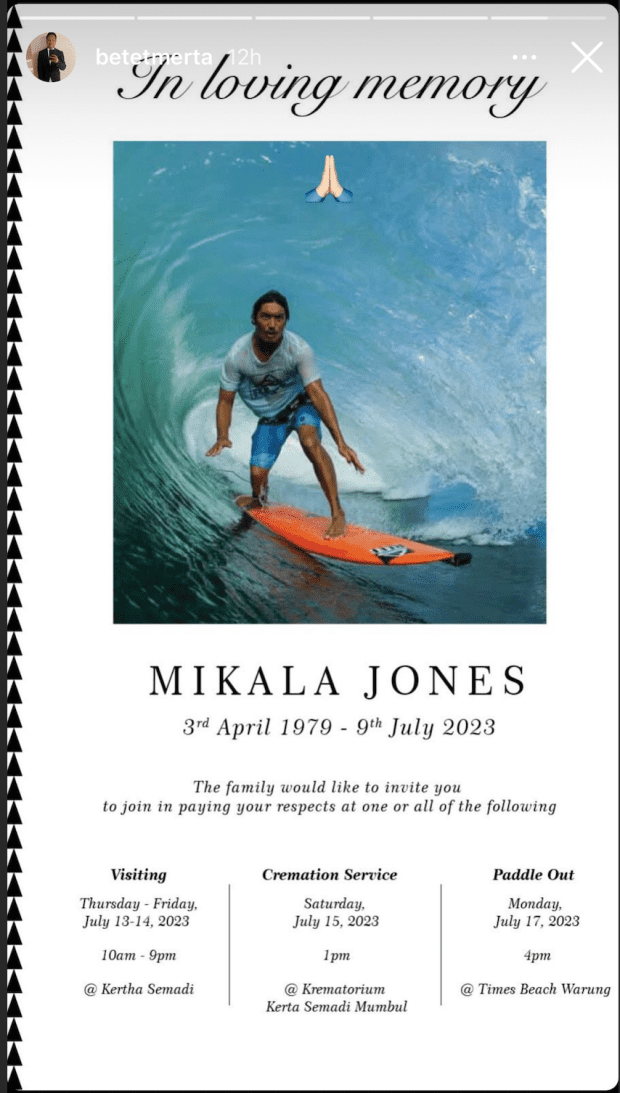 A paddle out to celebrate the life of Mikala Jones will take place in Bali at Canggu Beach. <p>Instagram</p>