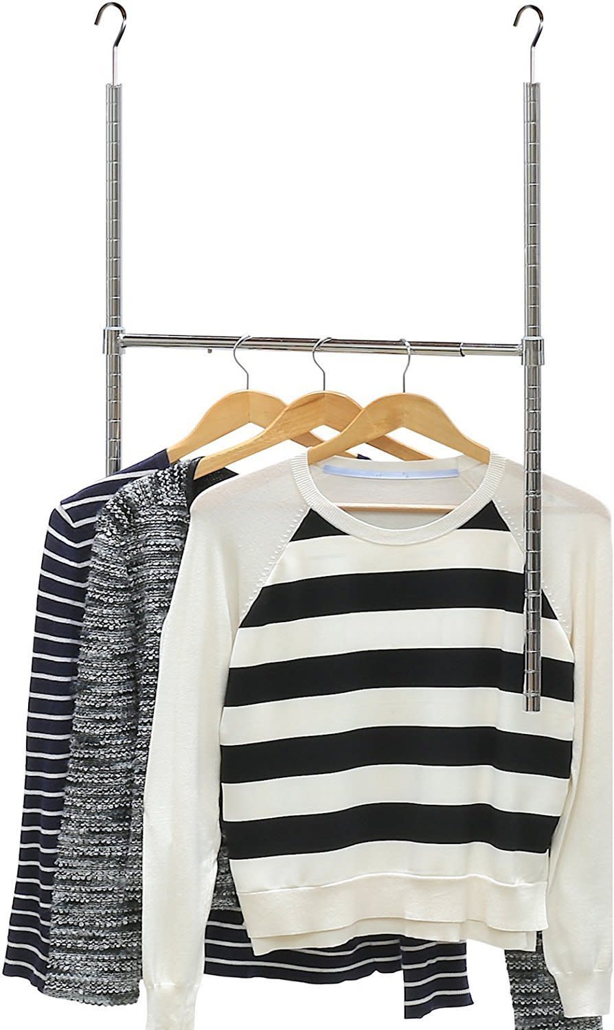 Run out of space to hang your clothes? Add another row of clothing with this minimalist closet rod. Get it on <a href="https://www.amazon.com/SimpleHouseware-Adjustable-Closet-Hanging-Chrome/dp/B01K07MY1K/ref=sr_1_3_sspa?s=home-garden&amp;ie=UTF8&amp;qid=1507052737&amp;sr=1-3-spons&amp;keywords=closet+organization&amp;psc=1" target="_blank">Amazon</a>.