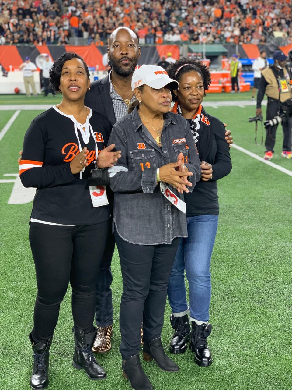 Ken Riley's family watches the unveiling of Riley's induction into the Cincinnati Bengals Ring of Honor in 2021.