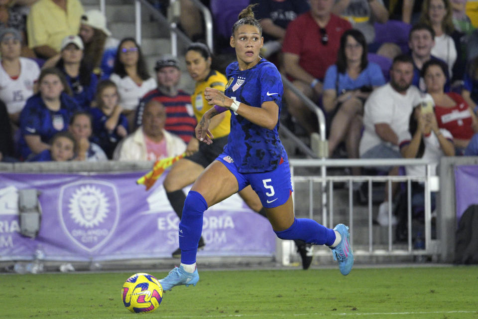 U.S. forward Trinity Rodman (5) controls the ball during the second half of a SheBelieves Cup women's soccer match against Canada, Thursday, Feb. 16, 2023, in Orlando, Fla. (AP Photo/Phelan M. Ebenhack)