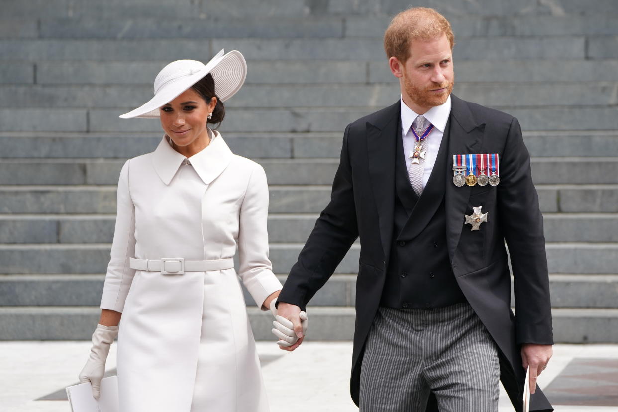 The Duke and Duchess of Sussex leave the National Service of Thanksgiving at St Paul's Cathedral, London, on day two of the Platinum Jubilee celebrations for Queen Elizabeth II. Picture date: Friday June 3, 2022.