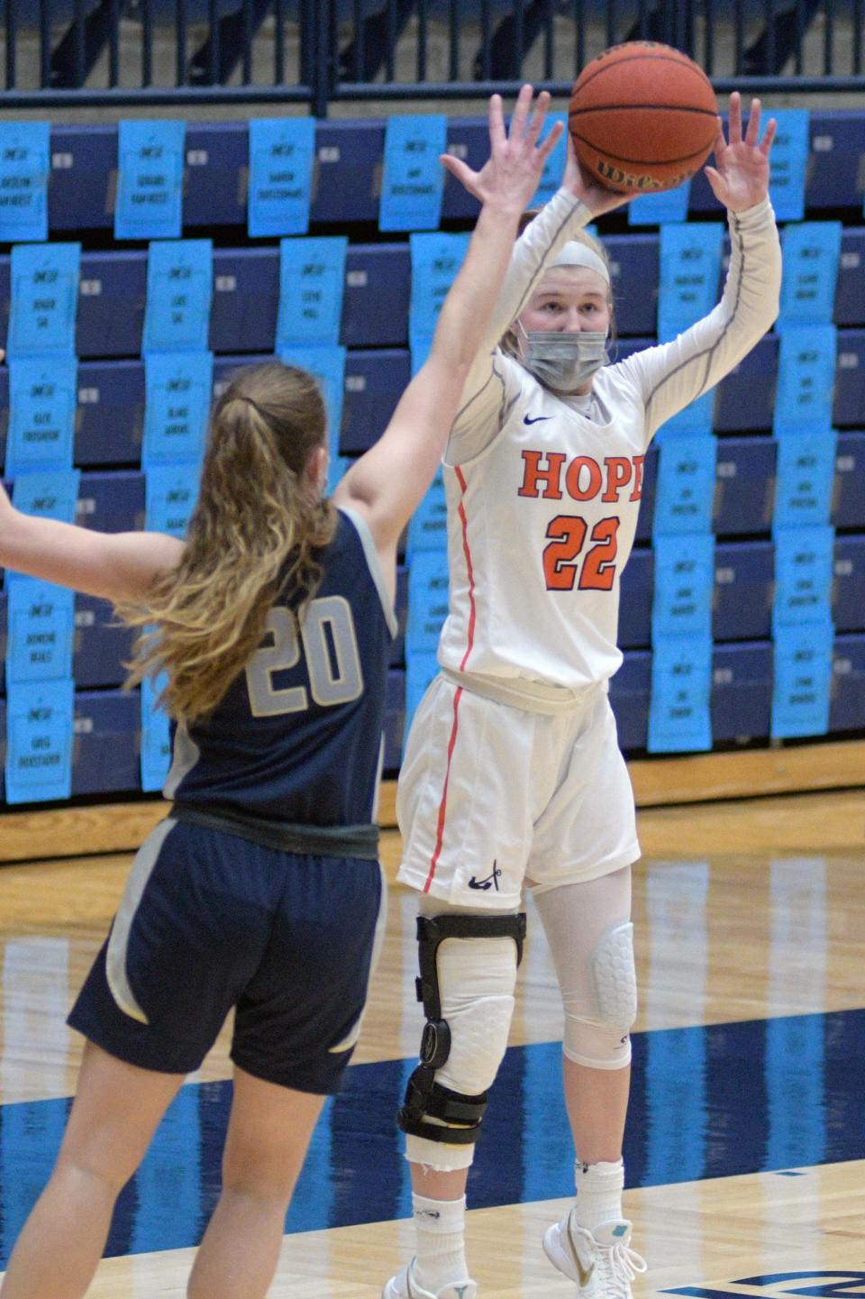 Hope College's Sydney Muller takes a shot against Trine University on Feb. 3, 2021 at DeVos Fieldhouse in Holland.