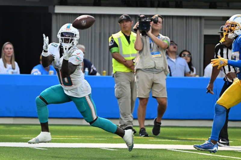 Miami Dolphins wide receiver Tyreek Hill (L) is averaging 126.8 receiving yards per game. File Photo by Jon SooHoo/UPI