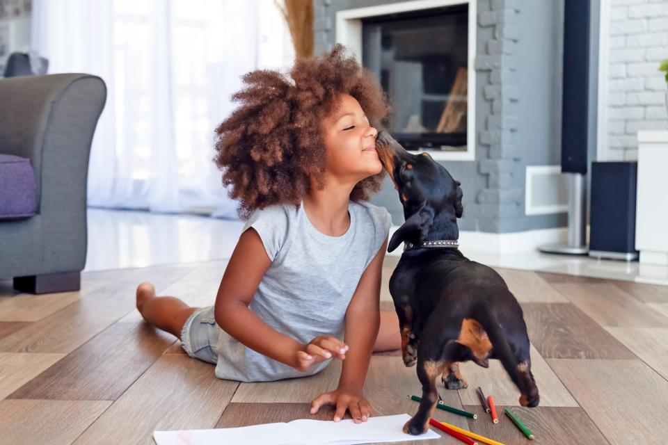 girl kissing dachshund