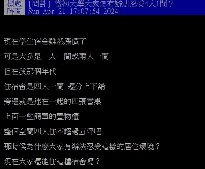原PO好奇過去怎麼忍受大學住宿生活，結果眾人一面倒認為那是永生難忘的回憶。（圖／翻攝自PTT）